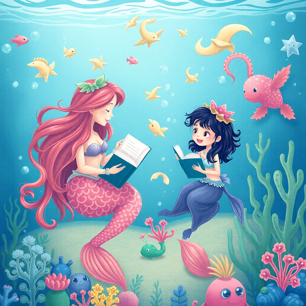 whimsical underwater scene with mermaids and sea creatures reading books, children
